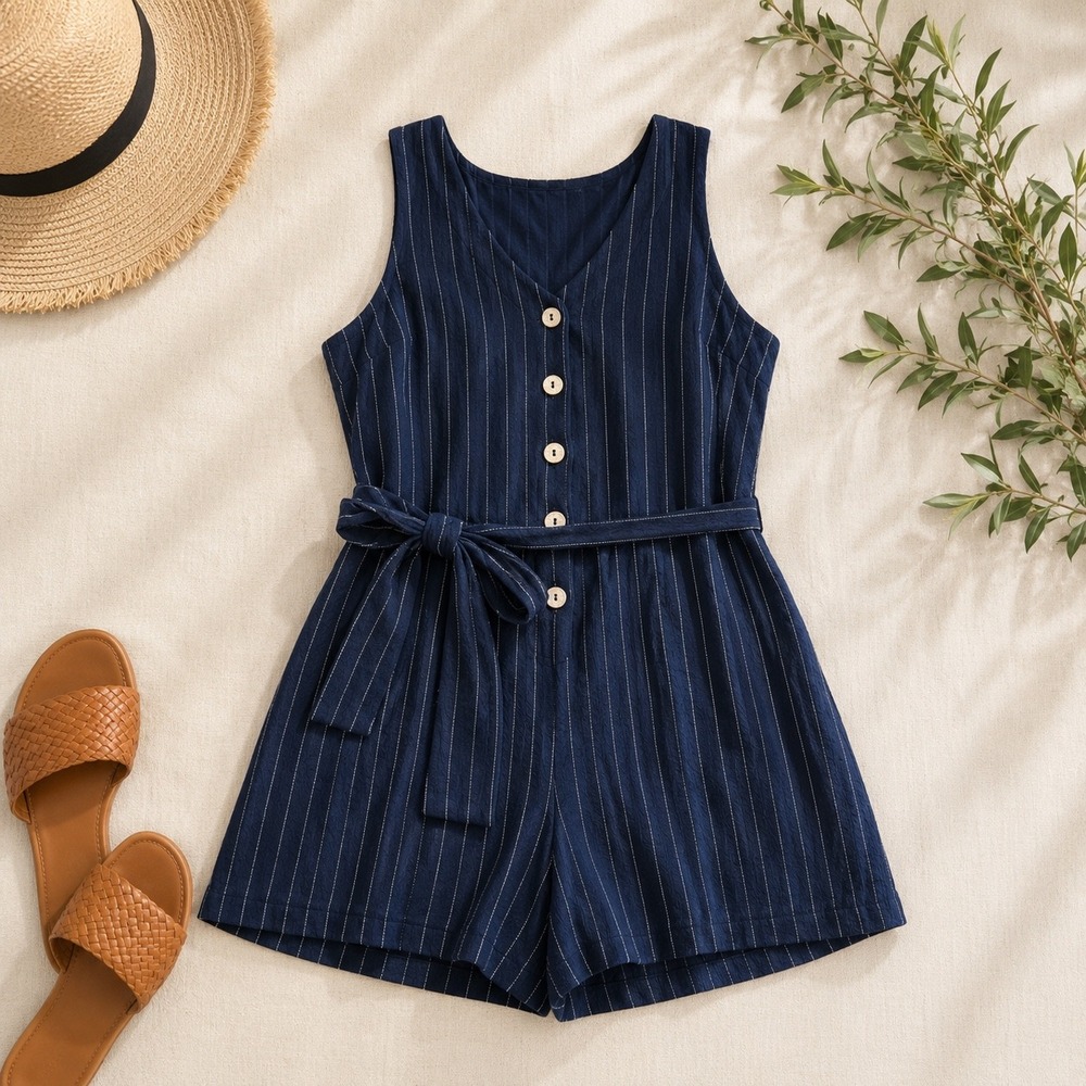 Hudson Gray Womens Navy Blue Pinstripe Sleeveless Button Front Belted Romper M